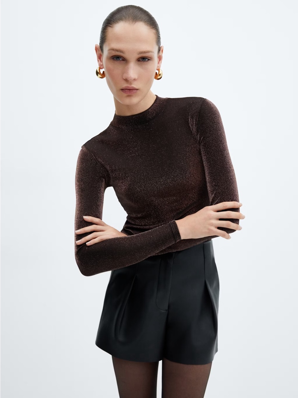 Mango Metallic Brown Long-Sleeve Mock Neck Top